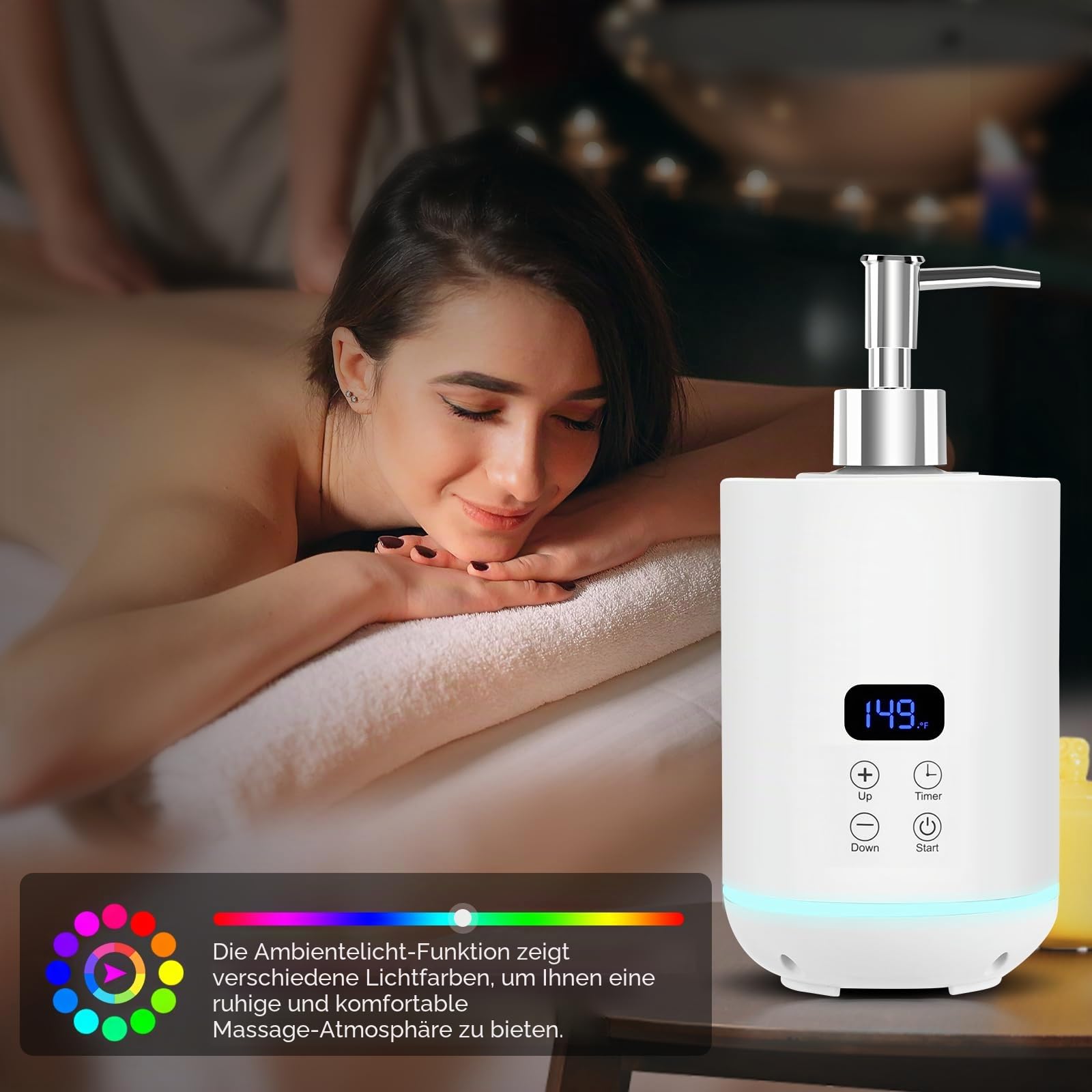 Massage Öl Wärmer, iklestar Massage Öl Flasche Digital-Heizung Gerät mit Atmosphäre Licht, Elektrische massageöl erwärmer Creme beheizt Spender Gua Sha Roller Kit für Spa, Salon und Home Use, Weiß