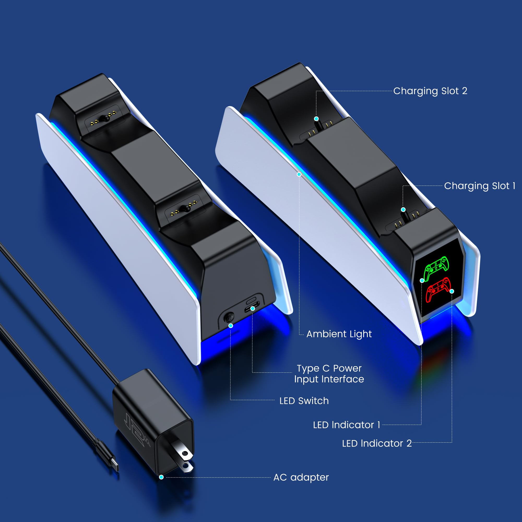 PS5 driver de carga para Playstation 5 Controladores Dualsense con luz LED UP Dual Stand Cargador Dock, PS5 driver de carga Accesorios para carga DualSense