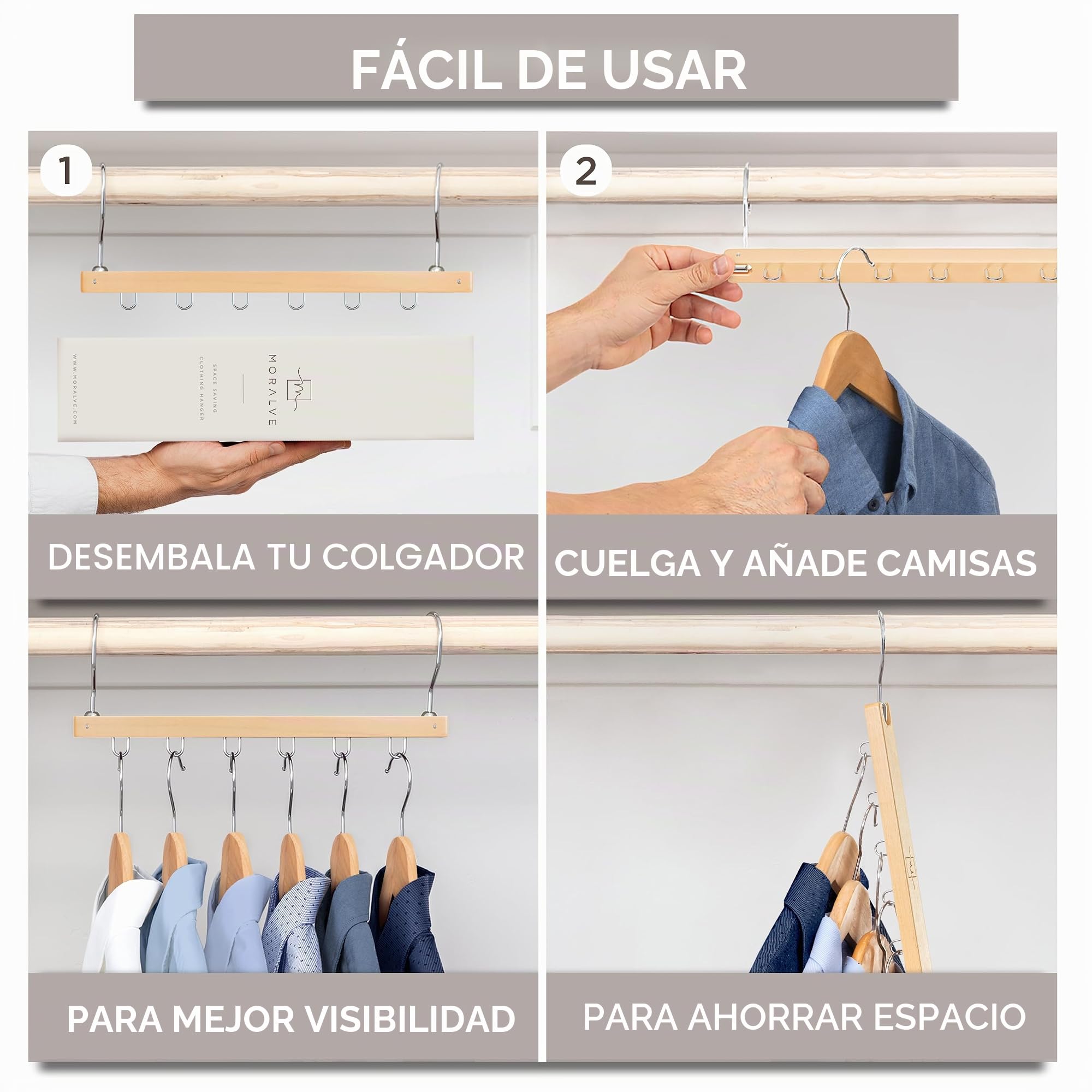 MORALVE Perchas que ahorran espacio para armario, paquete de 4 organizadores de camisas de madera de haya europea de 6 niveles con gancho giratorio de 360°, colgador de ropa plegable para organización