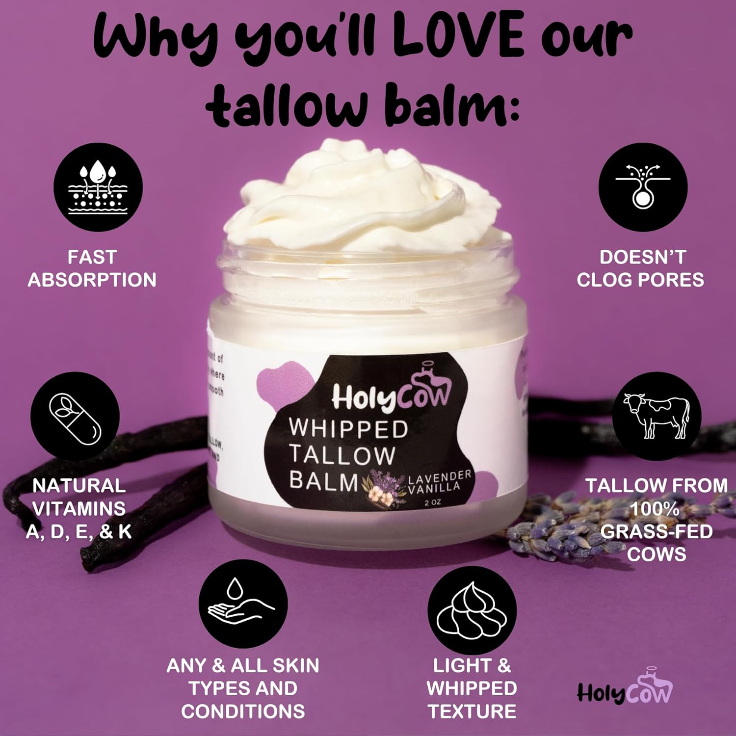 HolyCow Beef Tallow For Skin - Whipped Tallow Balm with Organic Jojoba Oil, Grass Fed Beef Tallow Face Moisturizer for Eczema, Baby, Lip Balm - Lotion For Extremely Dry Skin (Lavender Vanilla) - Image 3