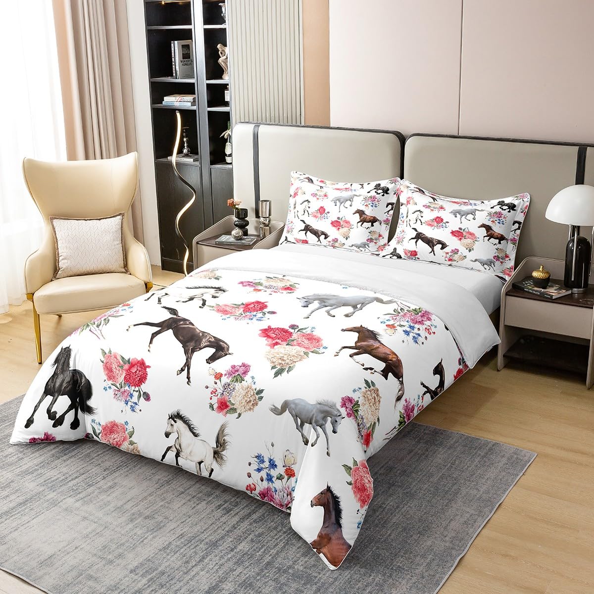 Homewish Horse 100% Cotton Duvet Cover King,Romantic Floral Comforter Cover,Farmhouse Western Cowboy Bedding Set,Rustic Farm Aniamls Bedspread Cover,Cartoon Horse Flowers Quilt Cover - Image 2