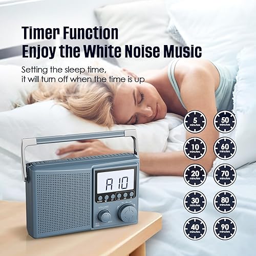 Miniatura 5 de LEOTEC Radio AM FM con Bluetooth, radio portátil de recepción fuerte, enchufe de pared, funciona con pilas, 10 sonidos de ruido blanco, temporizador
