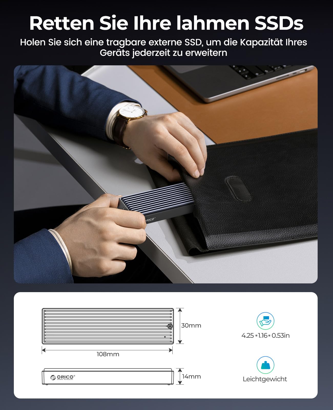ORICO M.2 NVMe SSD Gehäuse USB-C Adapter 10Gbps USB3.2/ USB3.1 Gen2 für PCIe NVMe M-Key/M+B Key SSD… – Ansicht 5