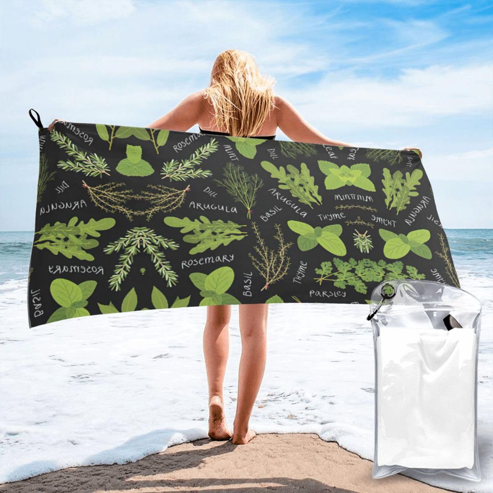 WYCZHY Basil Thyme Dill & Rosemary Print Beach Towel Soft Quick Dry For Spa Pool Gym Vacation Travelers Women Men Adults Sauna Gift