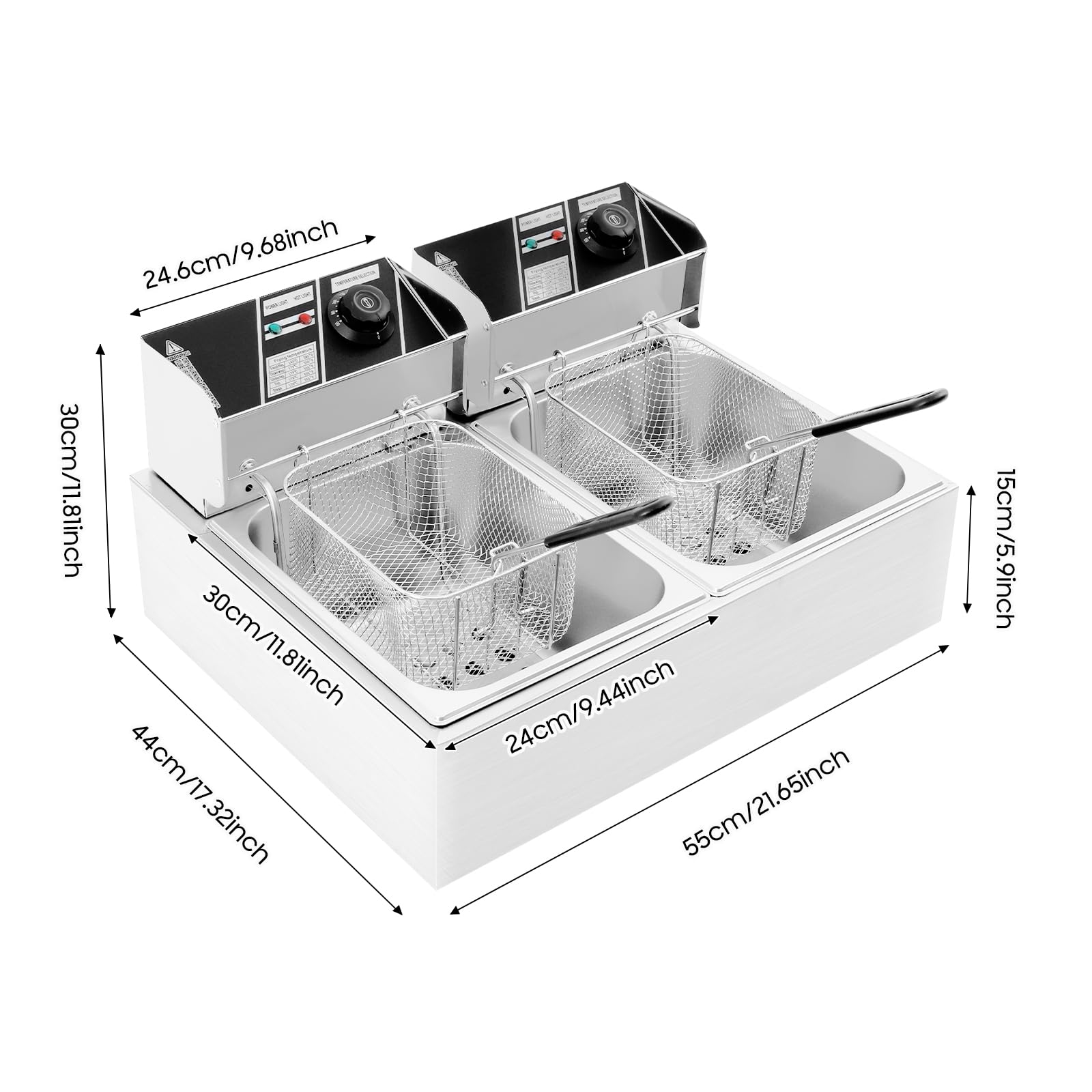 Friggitrice elettrica doppia vasca da 6 l, friggitrice professionale in acciaio inossidabile 201, termostato indipendente 60-200 °C, 2 cestini, 2,5 kW × 2, ideale per ristorante, snack