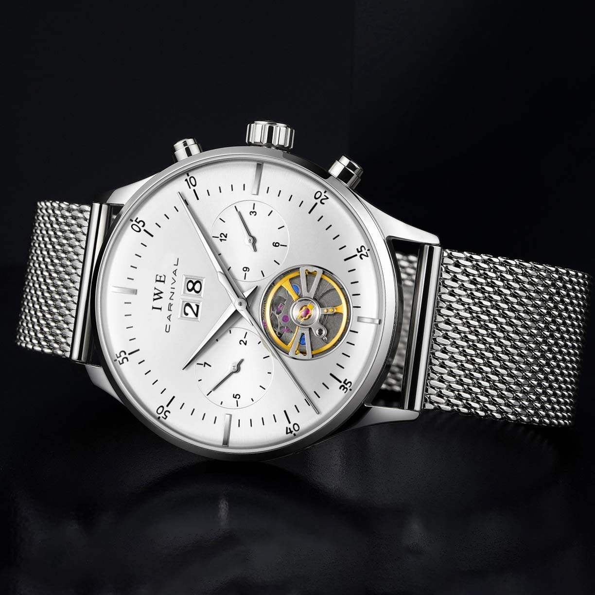 MASTOP Swiss Brands - Orologio meccanico automatico da uomo, con cinturino in acciaio inossidabile, orologio da polso classico con calendario, datario, impermeabile, scavato