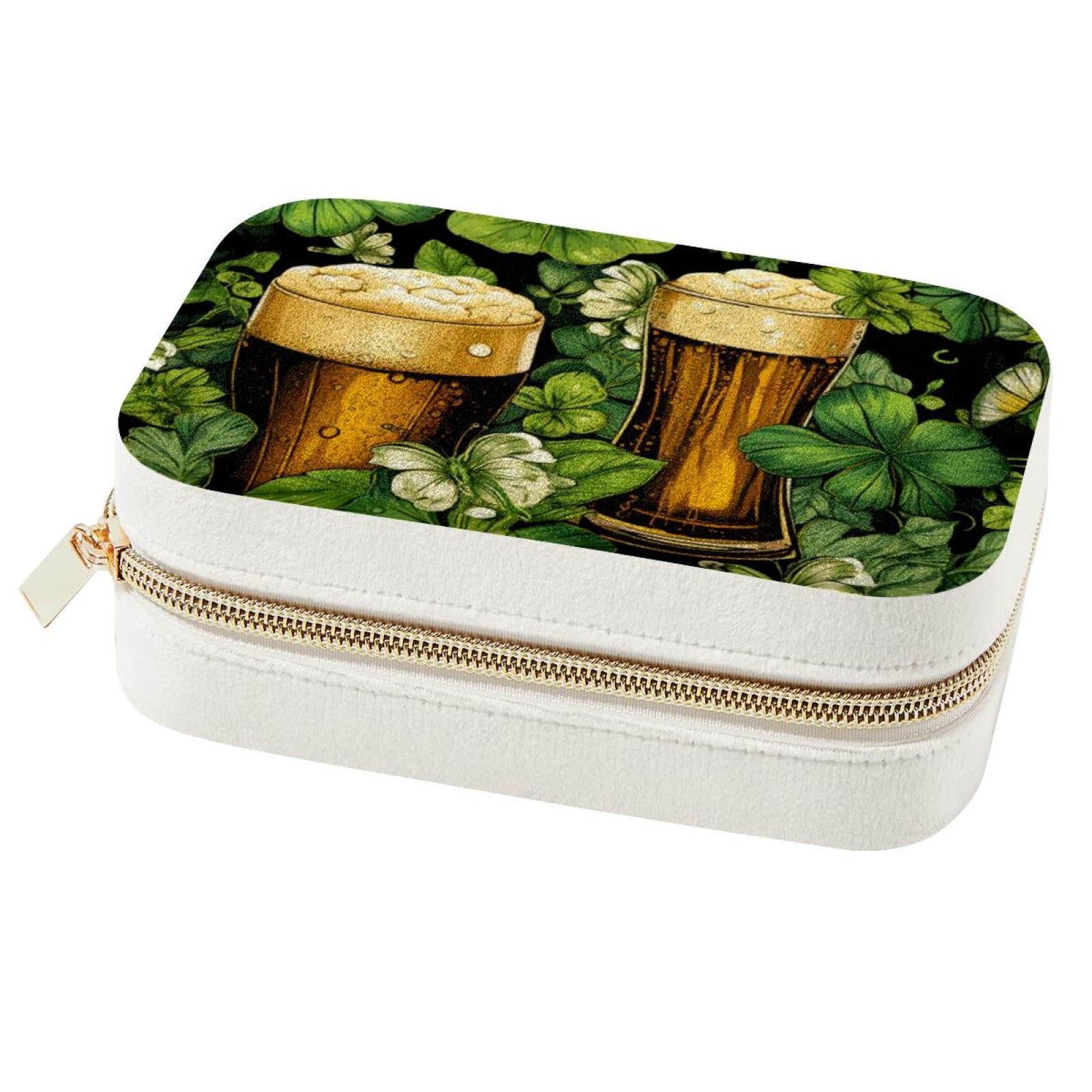 Boîte à bijoux de voyage en velours vert trèfle avec compartiments