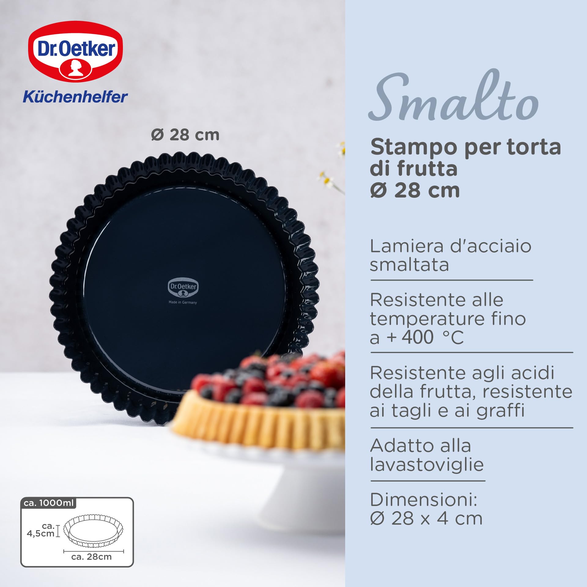 Dr. Oetker Stampo da forno per crostate, tortiera in acciaio smaltato antiaderente, lavabile in lavastoviglie, resistente fino a 400 °C, dimensioni Ø 28 x 4 cm