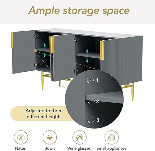 Miniatura 6 de LUMISOL Aparador moderno para almacenamiento con patas de metal, estilo moderno, aparador de cocina con puertas y estantes ajustables para sala de