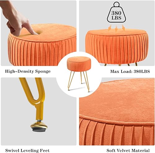 Miniatura 2 de ECOMEX Otomana redonda de terciopelo con patas de metal, taburete otomano redondo plisado tapizado para maquillaje, taburete redondo de terciopelo