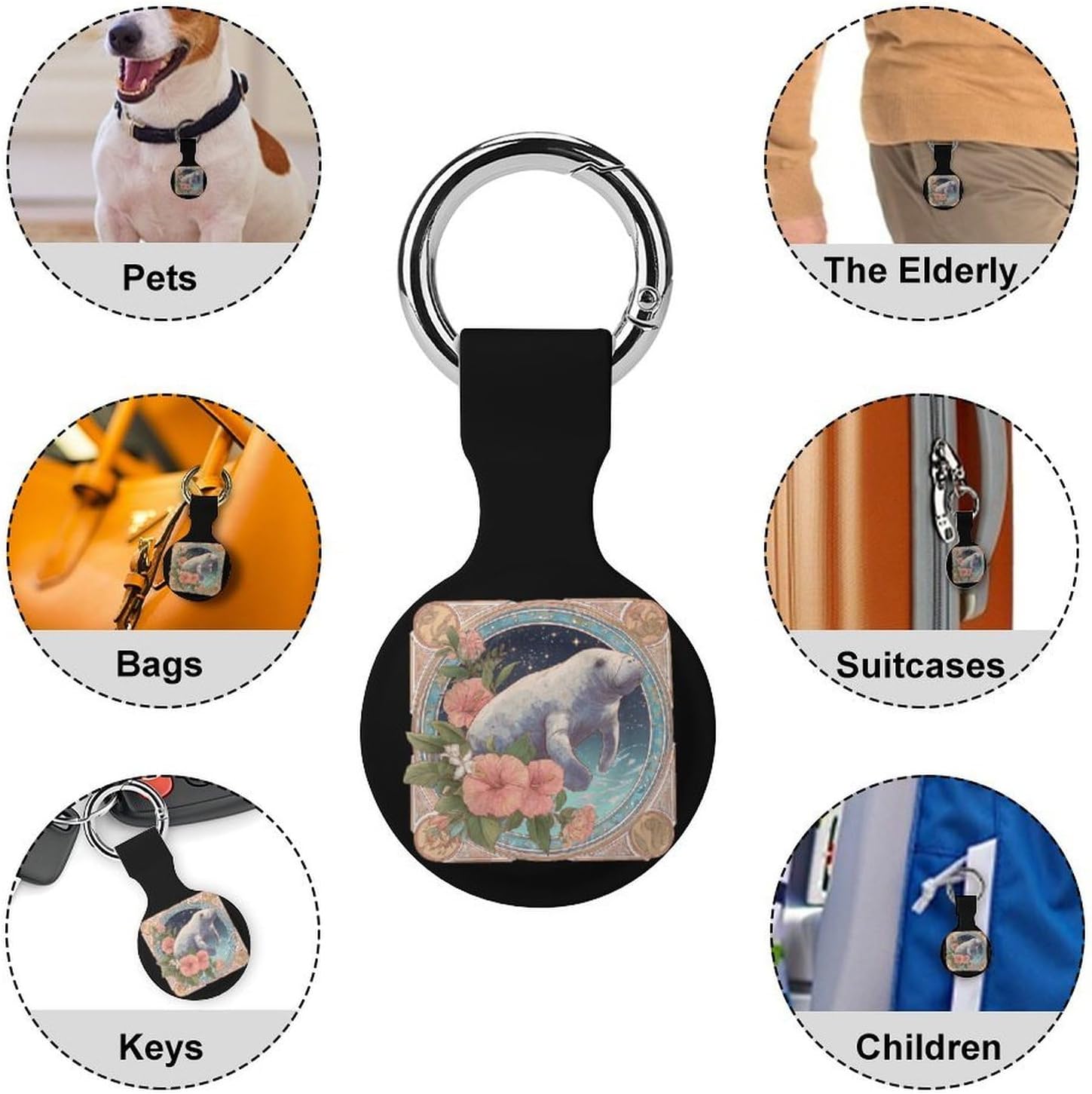 Manatees Hibiscus Flower Case Compatible with AirTag Holder Cover with Keychain Ring for Bags Luggages