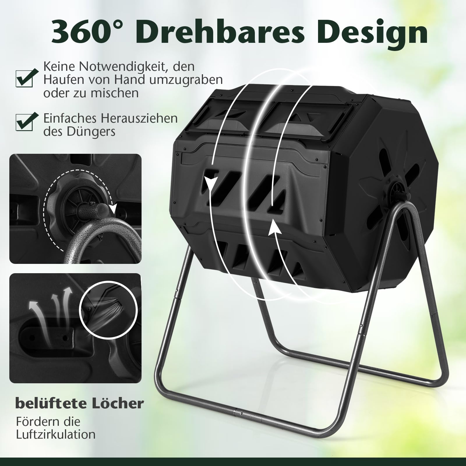 COSTWAY 160L Trommel-Komposter, Gartenkomposter Doppelkammer, 360° drehbar, Kompostschleuder mit 2 Schiebetüren & Handschuhe, Schnellkomposter aus PP & Metall, für Garten Balkon, 70x63x93cm (Schwarz)