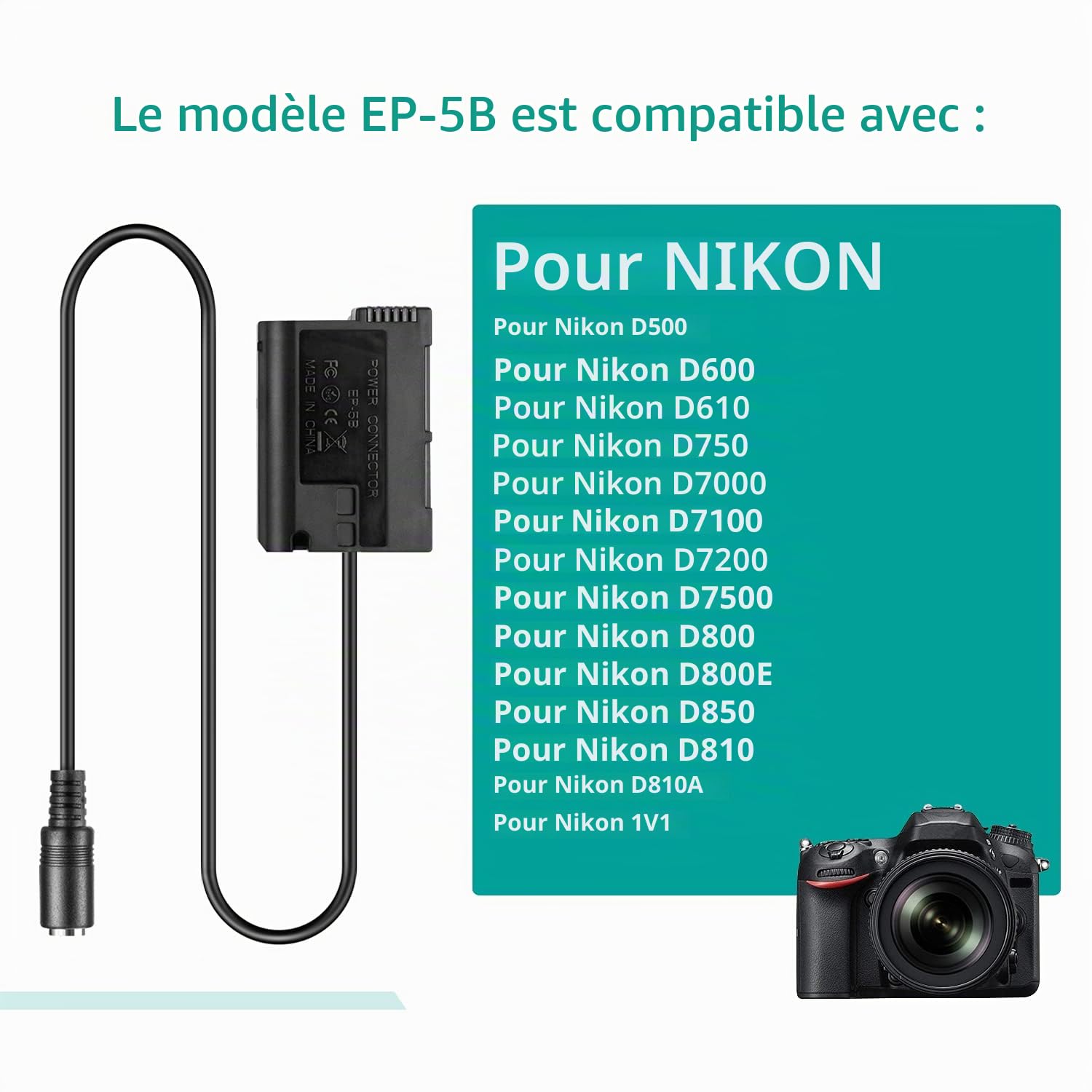 Adaptateur Secteur EH-5 Coupleur CC EP-5B Batterie factice EN-EL15 pour appareils Photo Nikon Z7 Z6 D7500 D7200 D7100 D7000 D850 D810 D800 D800E D750 D610