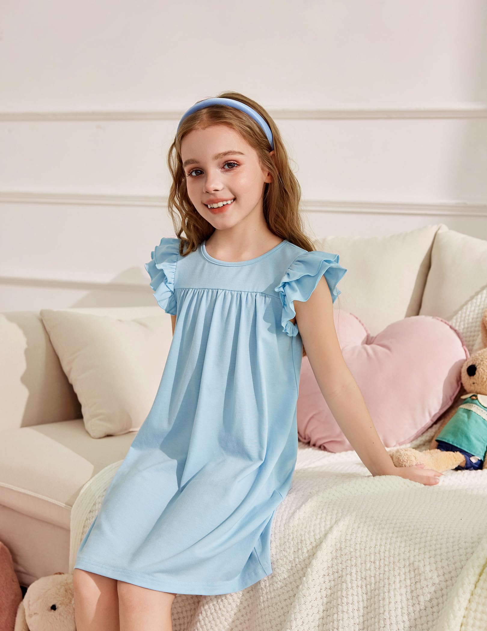 Arshiner Camisón para Niña con Mangas Volantes Vestido de Dormir para Niñas Verano Pijama de Manga Corta Cuello Redondo 5-14 Años - 4