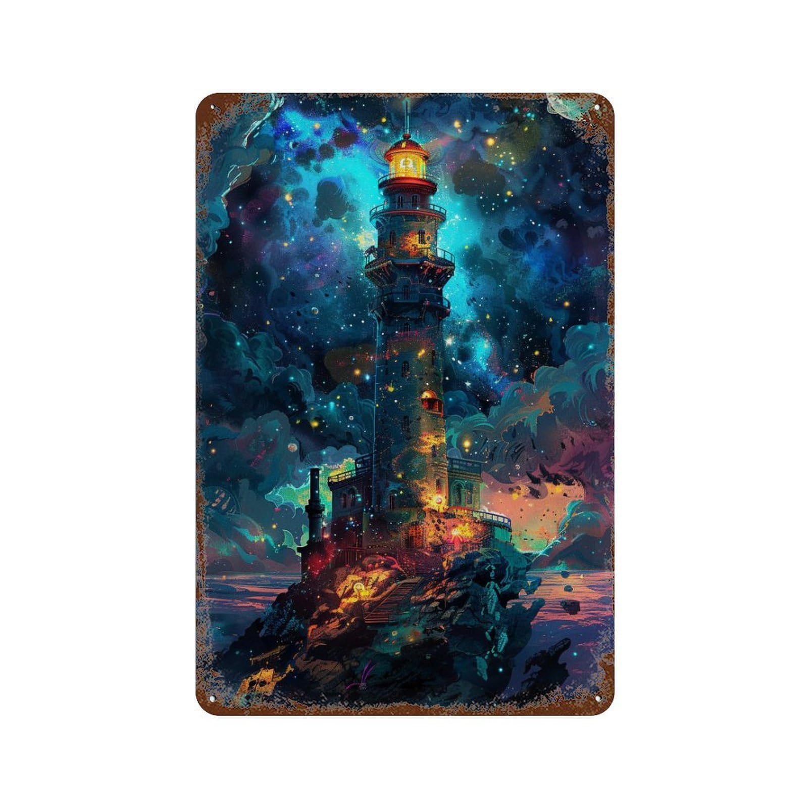 Fantasy Lighthouse Night Scene 11.8"x7.9" Vintage Rust Metal Sign, Novelty Wall Decor for Living Room, Hallway And Home Decor