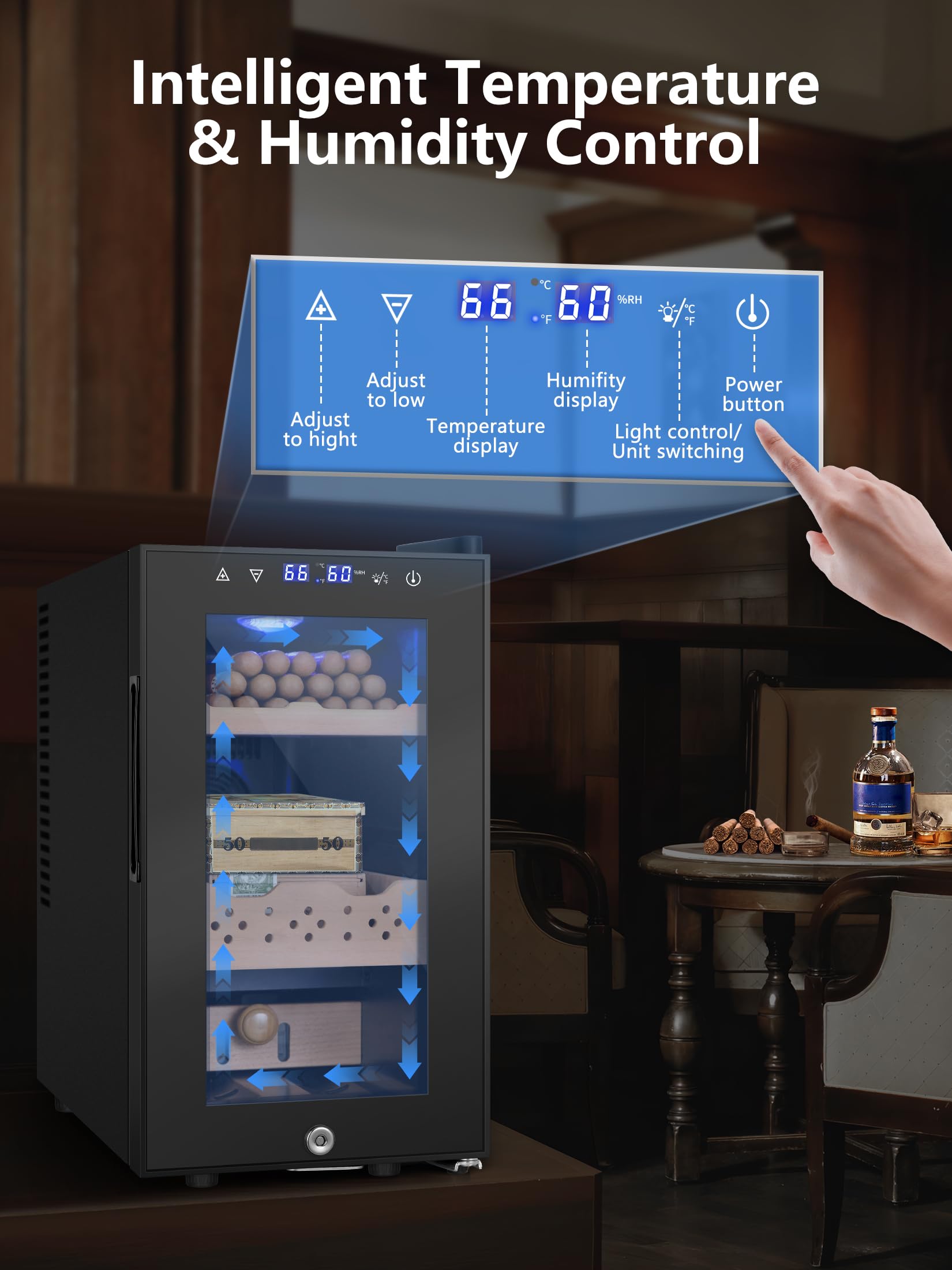 Rlpi 25l Desktop Humidor, Electric Cooler Cabinet With Spanish Cedar Shelves, Temp & Humidity Touch, 200-Count Capacity, Gift For Men on Fridge.com - View 3