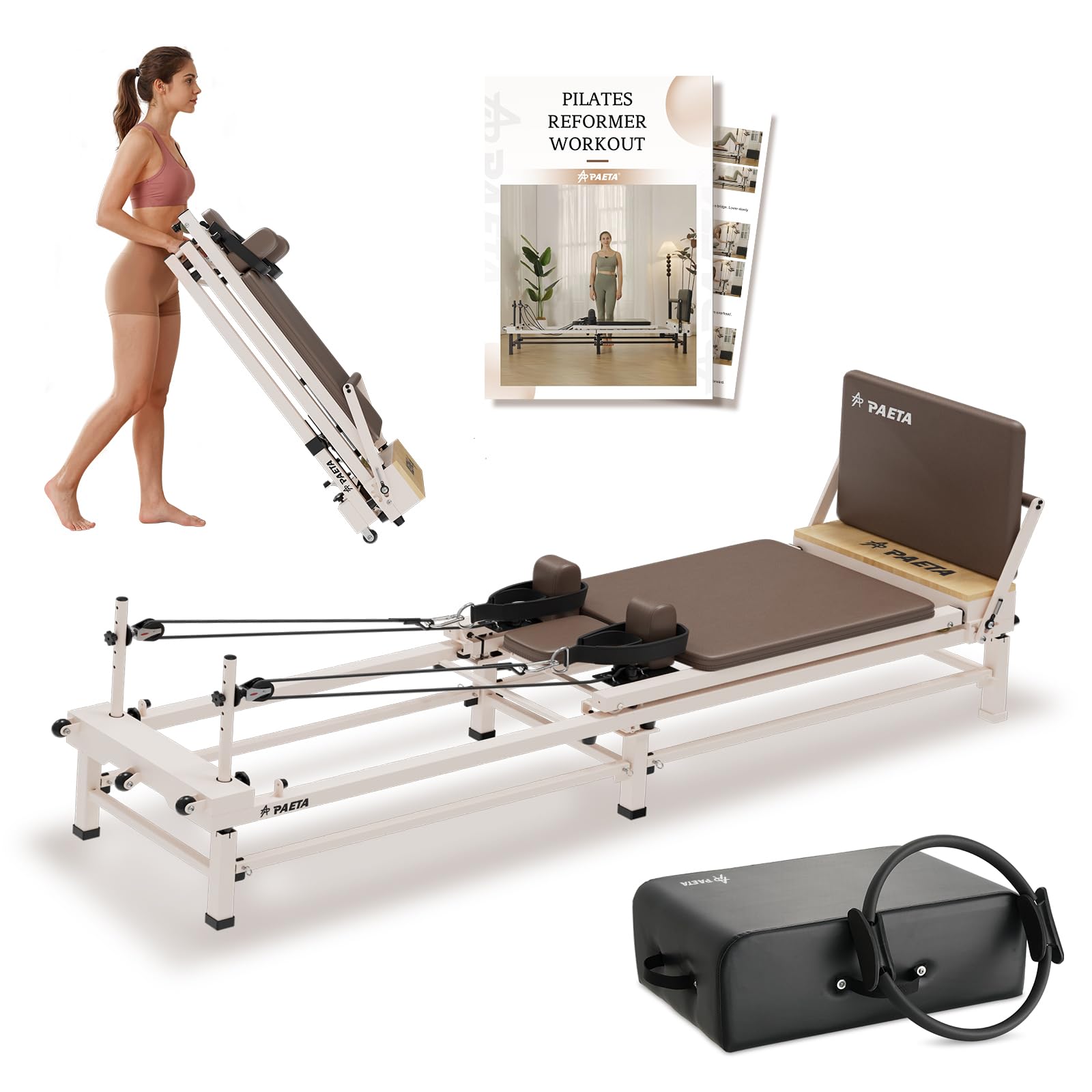PAETA Pilates Reformer, 86" Foldable Reformer Pilates Machine with Adjustable Reformer Heights, Pilates Equipment with Music Wire Spings and Jump Boards