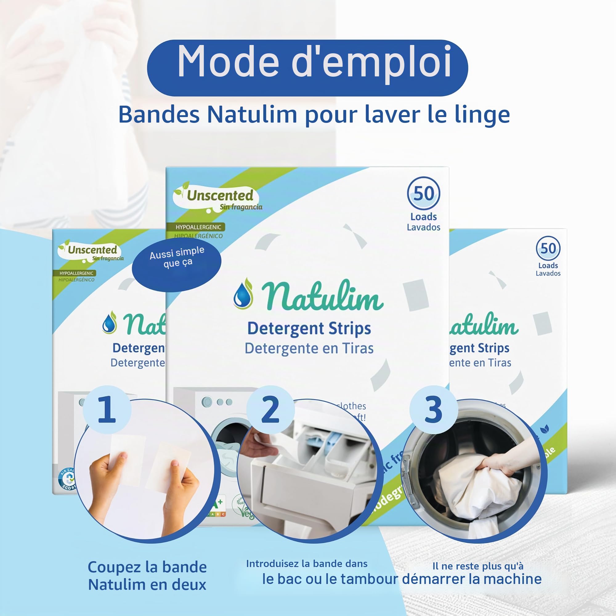 Natulim - Lessive en Feuilles pour machine à laver (360 lavages) - Effet adoucissant, Écologique, Hypoallergénique, Zero Déchet - Vêtement propre et doux (Sans parfum)
