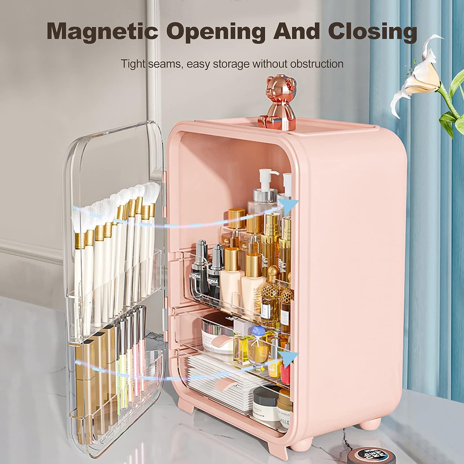 Wielofunkcyjna kosmetyczka z serii Pink Bear Pyłoszczelny organizer na kosmetyki, kosmetyczny organizer na biżuterię do pielęgnacji skóry Etui na szminki ze światłem LED - różowy (Color : Green)