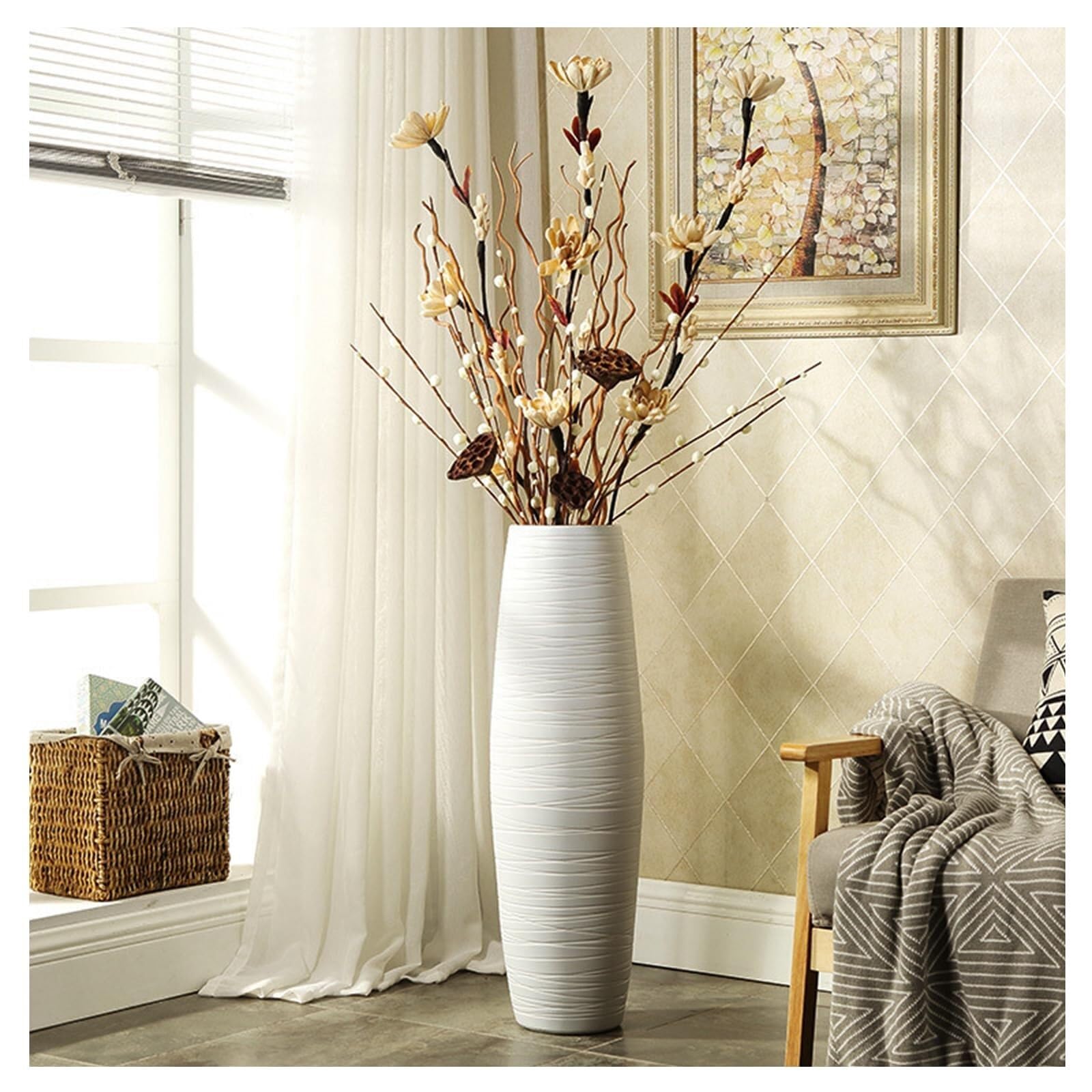 Amazon.co.jp: 背の高い白いフロア花瓶、パンパスグラス用の大きな素朴