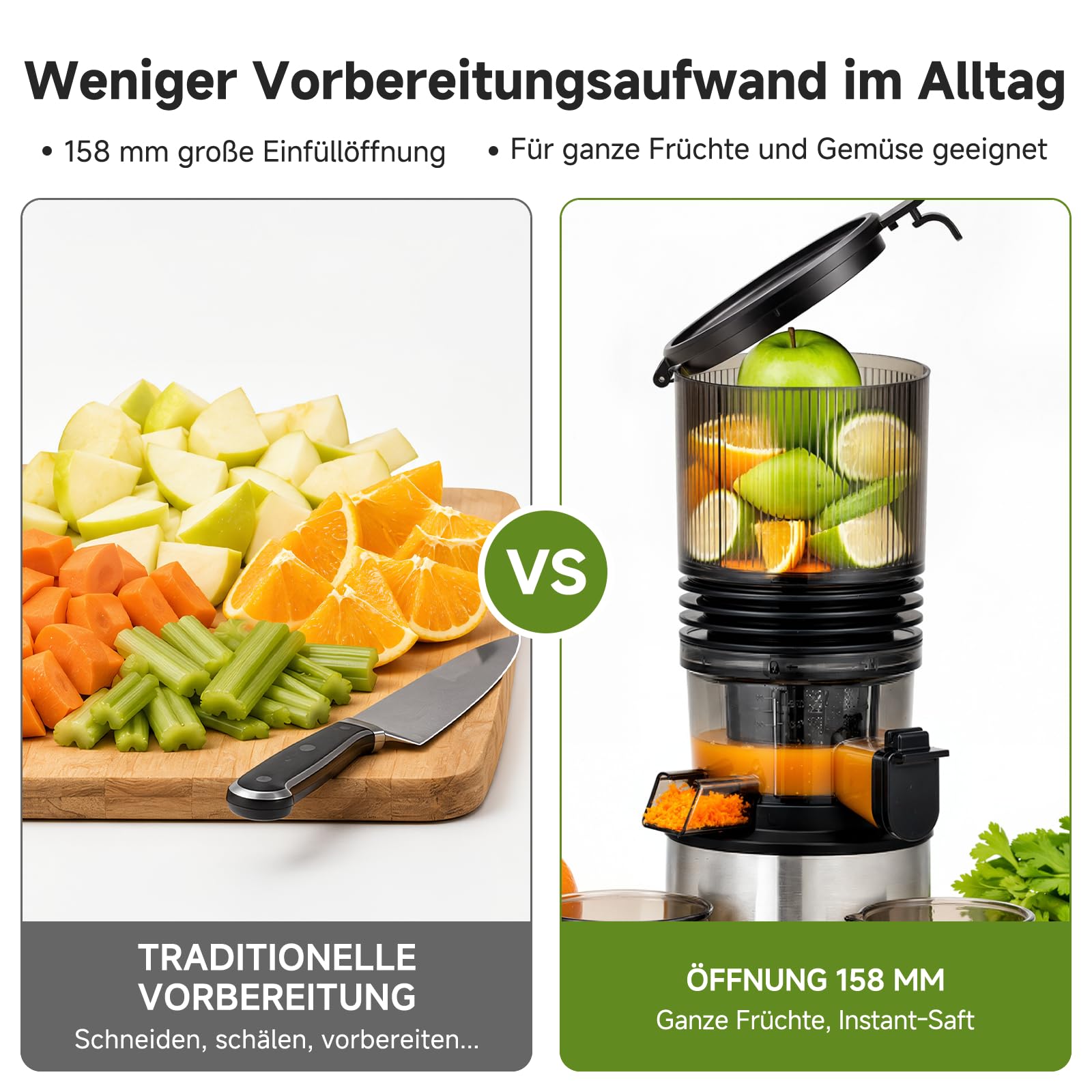 AMZCHEF Entsafter - Slow Juicer mit 158 mm großem Einfüllschacht für Ganze Gemüse und Obst, leicht zu reinigen, Kaltpress-Entsafter mit Saft- und Tresterbecher, hohe Saftausbeute, Silber/Schwarz