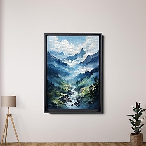 Miniatura 2 de Canvas Framed Canvas Wall Art Wood Panel, Canvas Wall Art Blue Watercolor Abstract Mountains Nature Prints, Minimalist Misty Art, Canvas Prints,