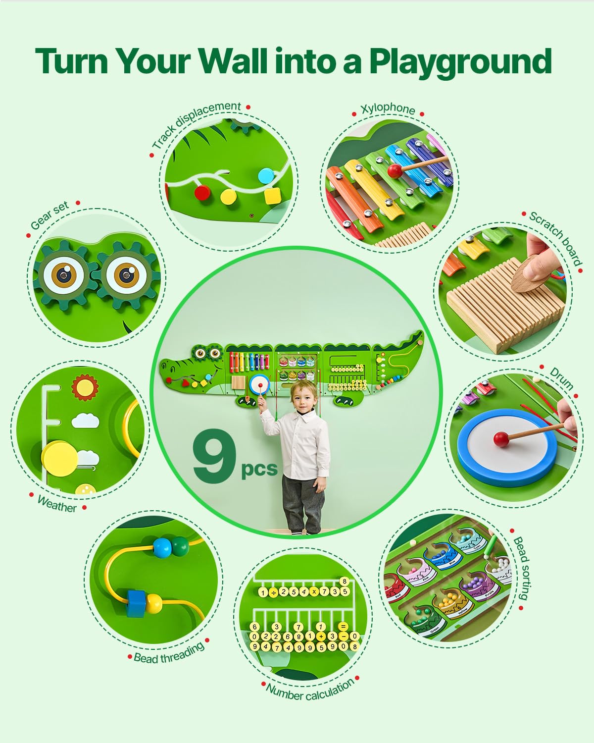 VEVOR Tablero Montessori de Pared de Cocodrilo para Niños 3 a 12 Años, Panel Sensorial con 9 Juegos Interactivos de MDF para Actividad Guardería Aula Habitación Infantil Motricidad Fina y Juego Diario