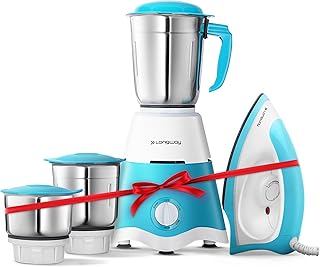 Longway Super Dlx Mixer Grinder with Kwid 1100W Dry Iron | Up to 700 Watt Powerful Motor | 3 Jars for Grinding, Mixing, Juicing | 2 Year Warranty (Blue & White, Combo Offer)