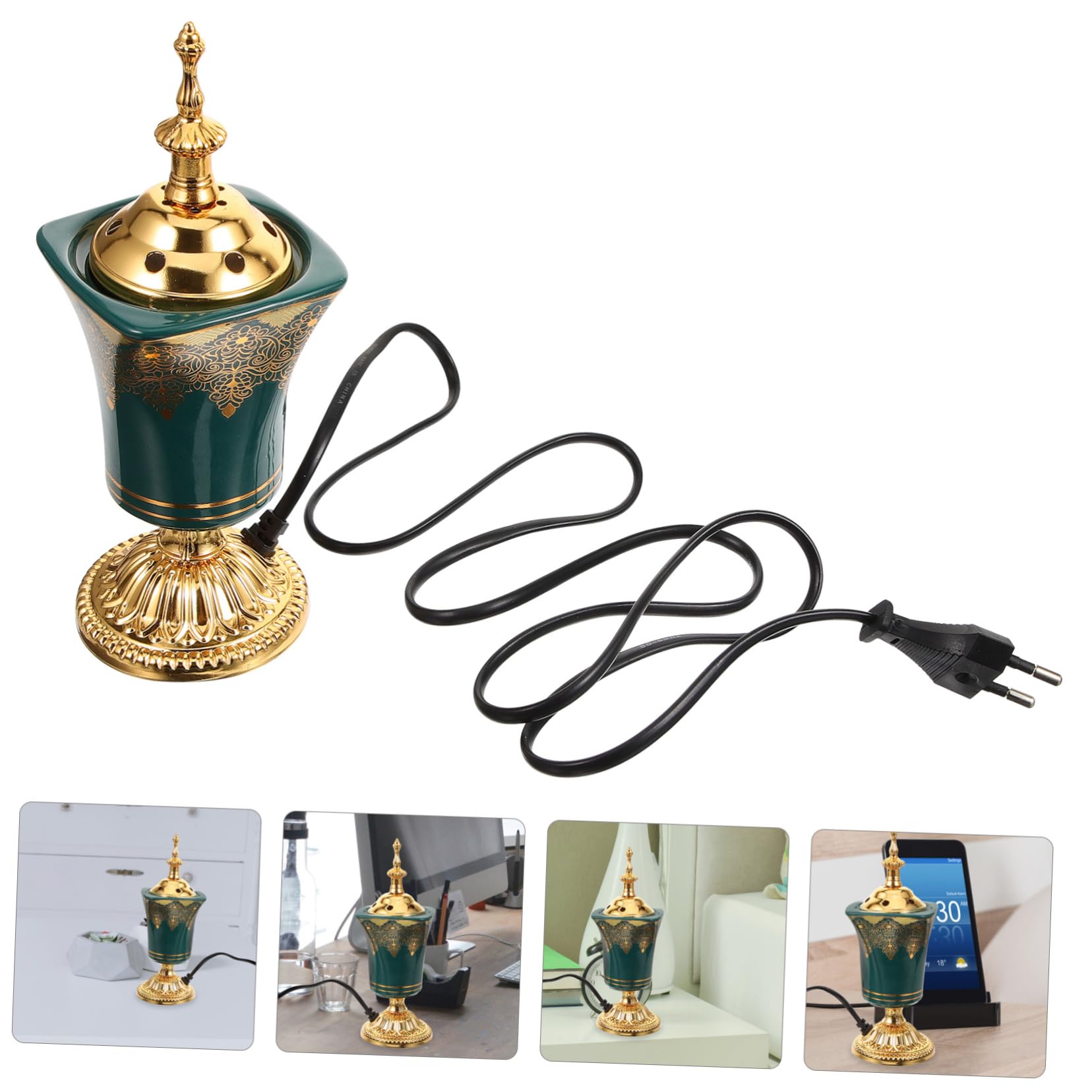 STOBAZA Elektrischer Weihrauch Räuchergefäß aus Keramik mit Eu 220v Stecker Grüner Antiker Arabischer Stil für Aromatherapie und Stilvolle Home Decoration