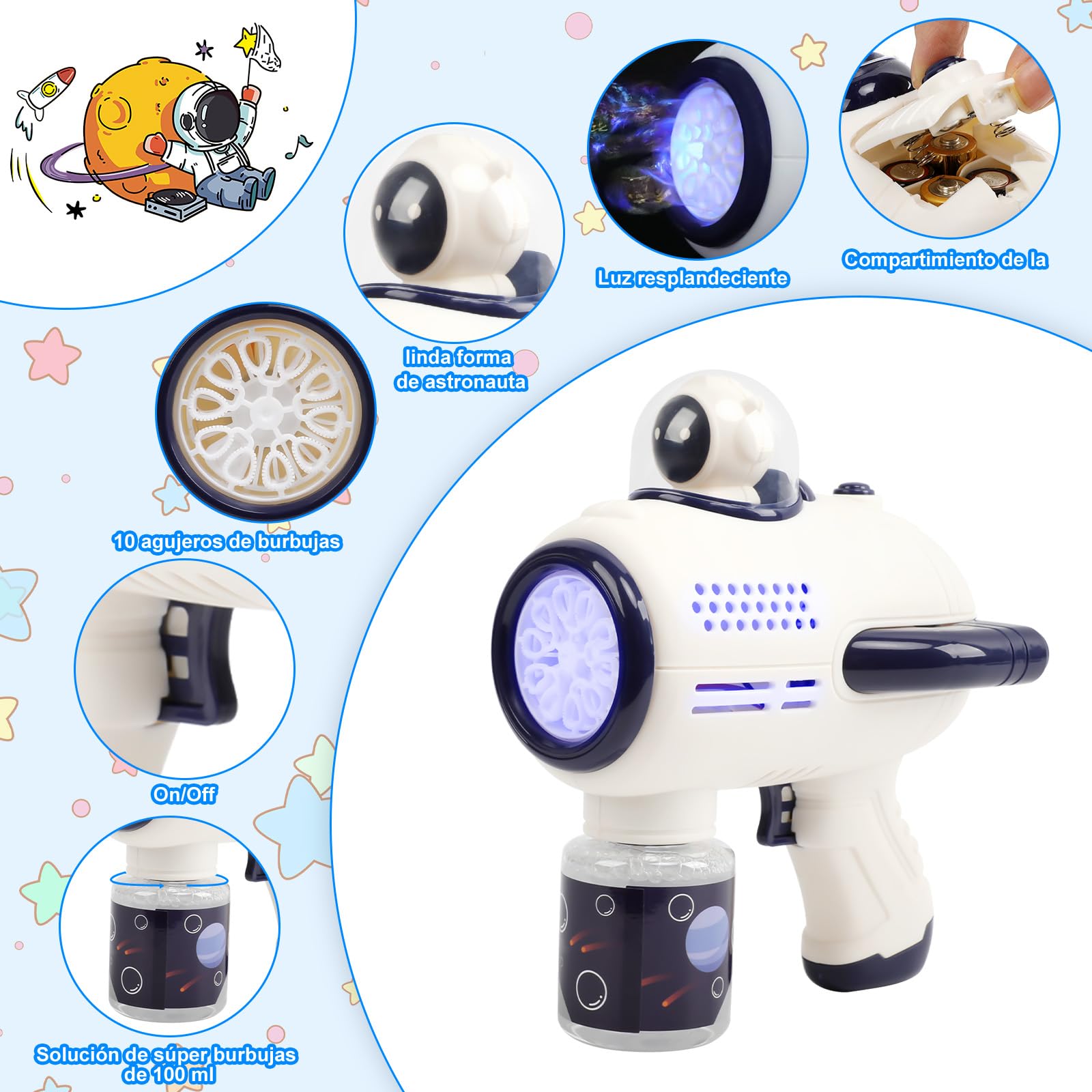 Pistola de Burbujas,Máquina Automática de Burbujas 10000+Burbujas/Min Soplador de Burbujas con Luces para Fiestas al Aire Libr/Boda/Cumpleaños etc.