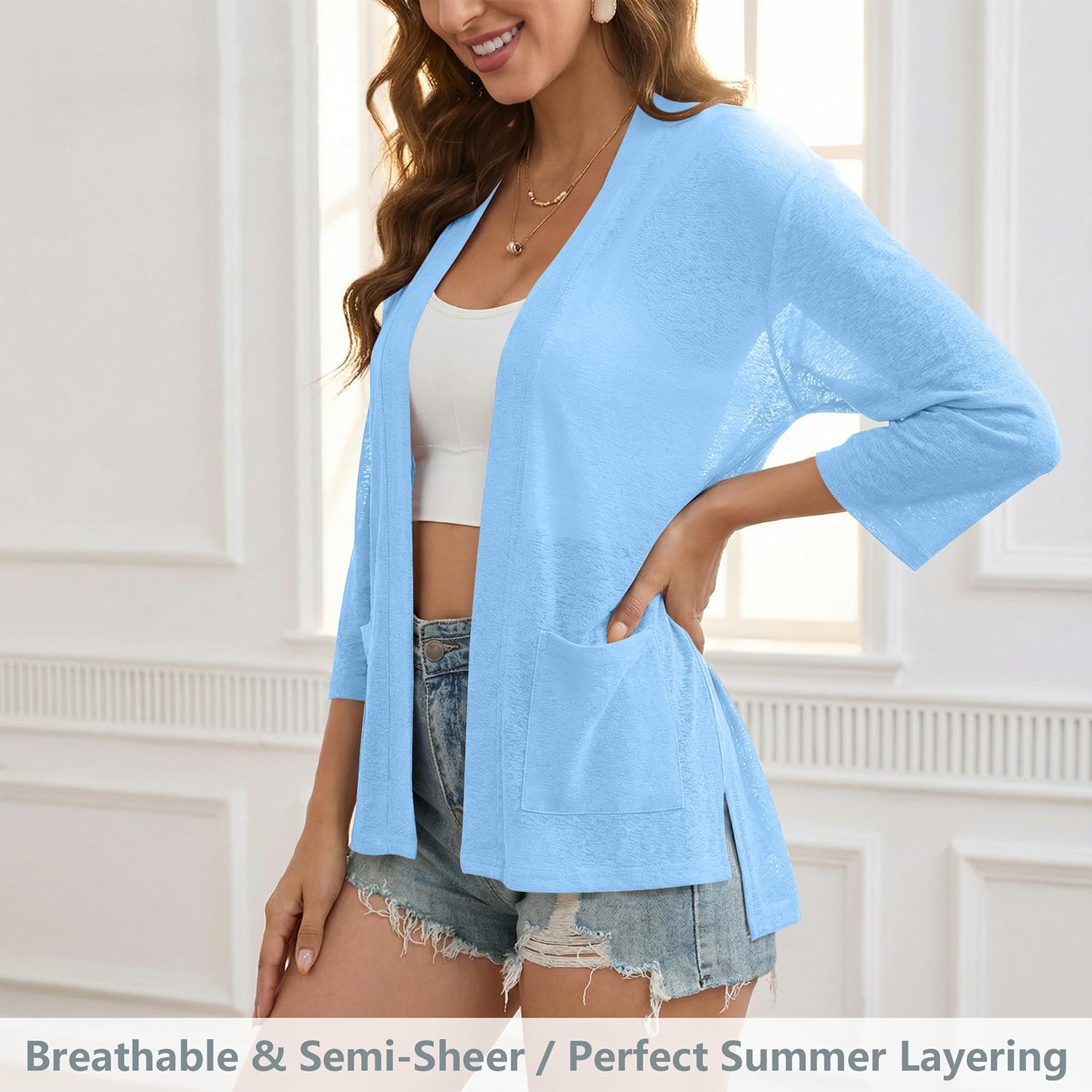 Womens Summer Loose Fit Lightweight Cardigan 3/4 Sleeve Open Front Sheer Cover Ups Hight Low Hem with Pockets - Image 2