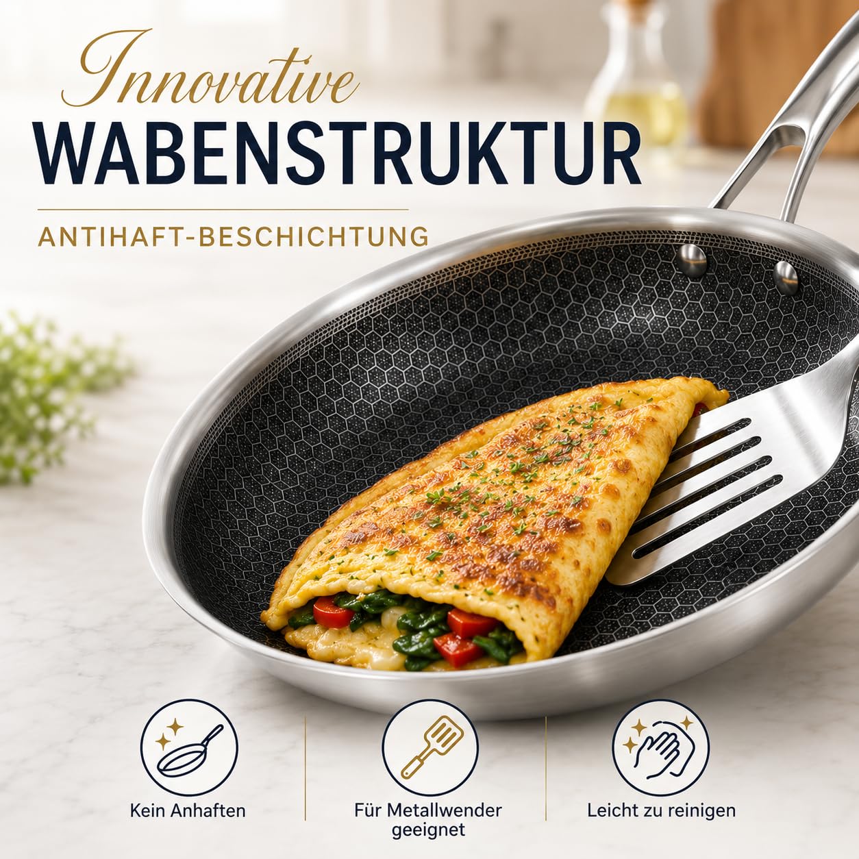 Royal Swiss Pfannenset Edelstahl 12-teilig, Kochgeschirrset mit Honeycomb Antihaftbeschichtung, 3 Töpfe, 3 Pfannen, Wok, Glasdeckel, Induktion Gas Elektro Ceran, sets cookwear, non stick toxic, cool