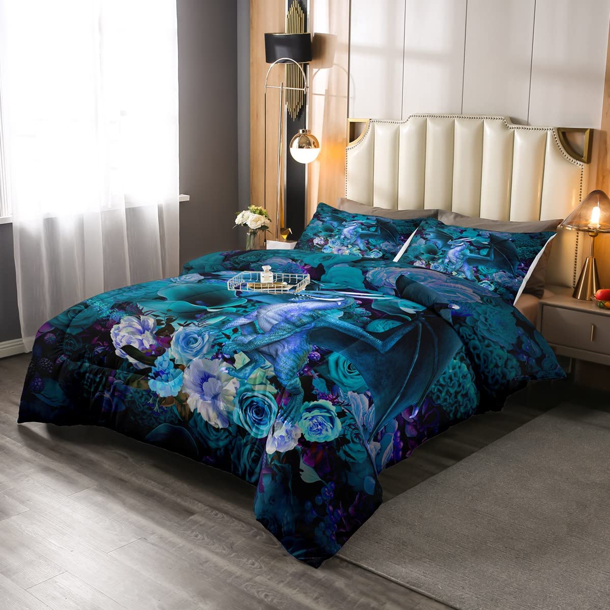Flying Dragon - Juego de ropa de cama con diseño de dragón azul y rosa para niños y niñas, diseño floral botánico con relleno de edredón y edredón de plumón de animales salvajes, tamaño doble