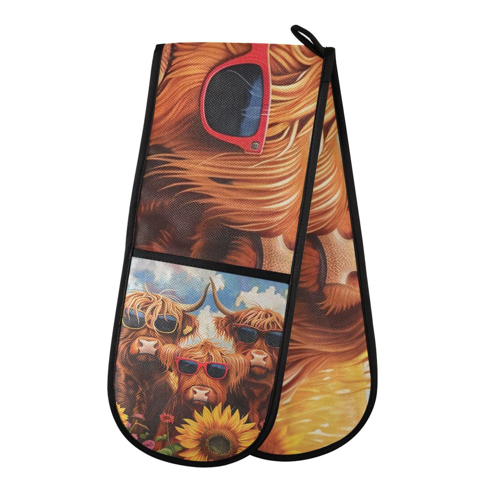 Gants de four double pour four, motif vaches des Highlands, tournesols, gants de four, maniques, résistants à la chaleur, matelassés, pour barbecue, pâtisserie, cuisine, gants de cuisine