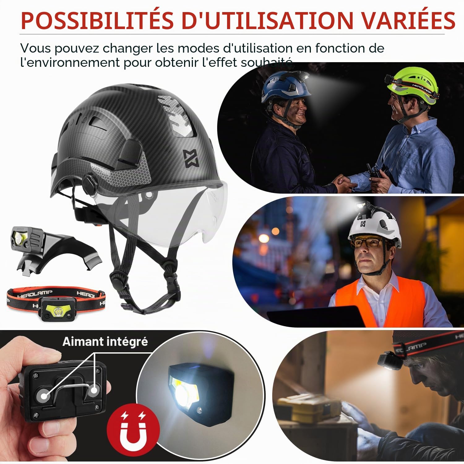 HEARMOR Casque de protection à LED en ABS - Casque forestier pour adulte - Certification EN397 et EN12492 - Absorption des chocs et résistance à la pénétration