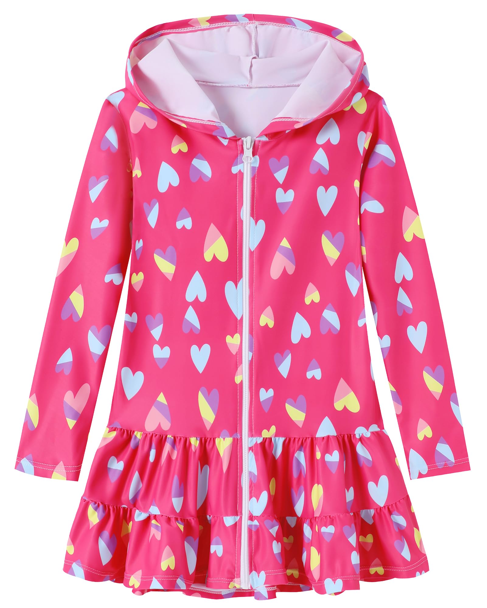 Girls Swim Cover Up Dress Long Sleeve Hooded Zip Up Bathing Suit Cute Ruffle Coverup Kids Pool Beach Robe 4-10Y