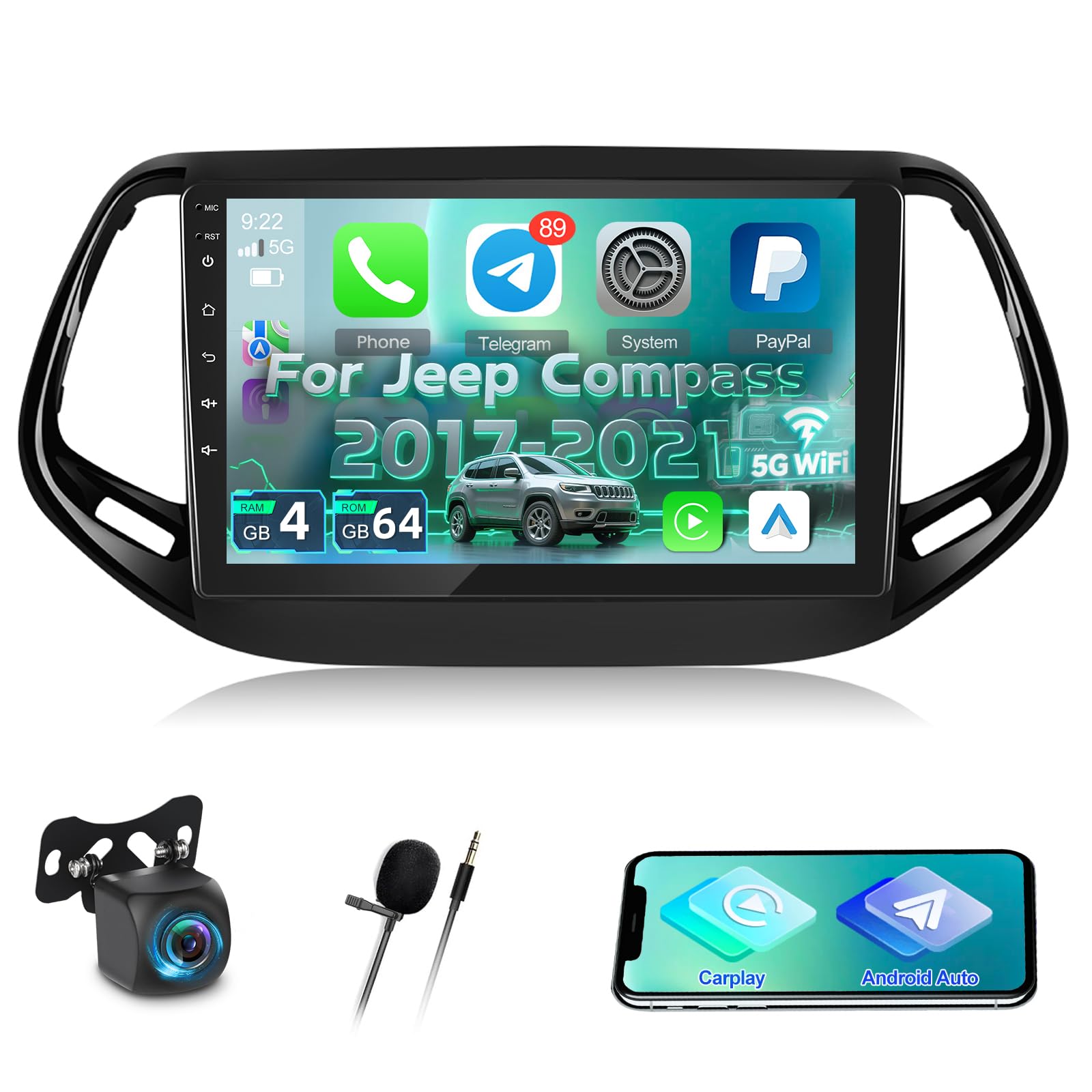 [4G+64G] Android Autoradio pour Jeep Compass 2017-2021 avec Carplay & Android Auto sans Fil, Écran Tactile IPS 10,1 Pouces avec GPS, WiFi, 32EQ, Bluetooth 5.0, Radio FM/RDS
