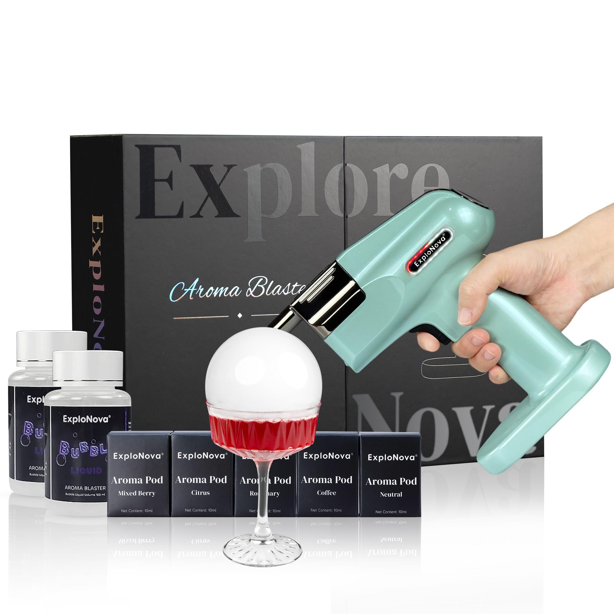 Cocktail Smoke Bubble Gun with 5 Flavour Aroma Pods and Edible Bubbles, whiskey smoker kit, Food Drink Decor Perfect for Bar, Party and Home, Gift for Engagement & Birthday - Cyan