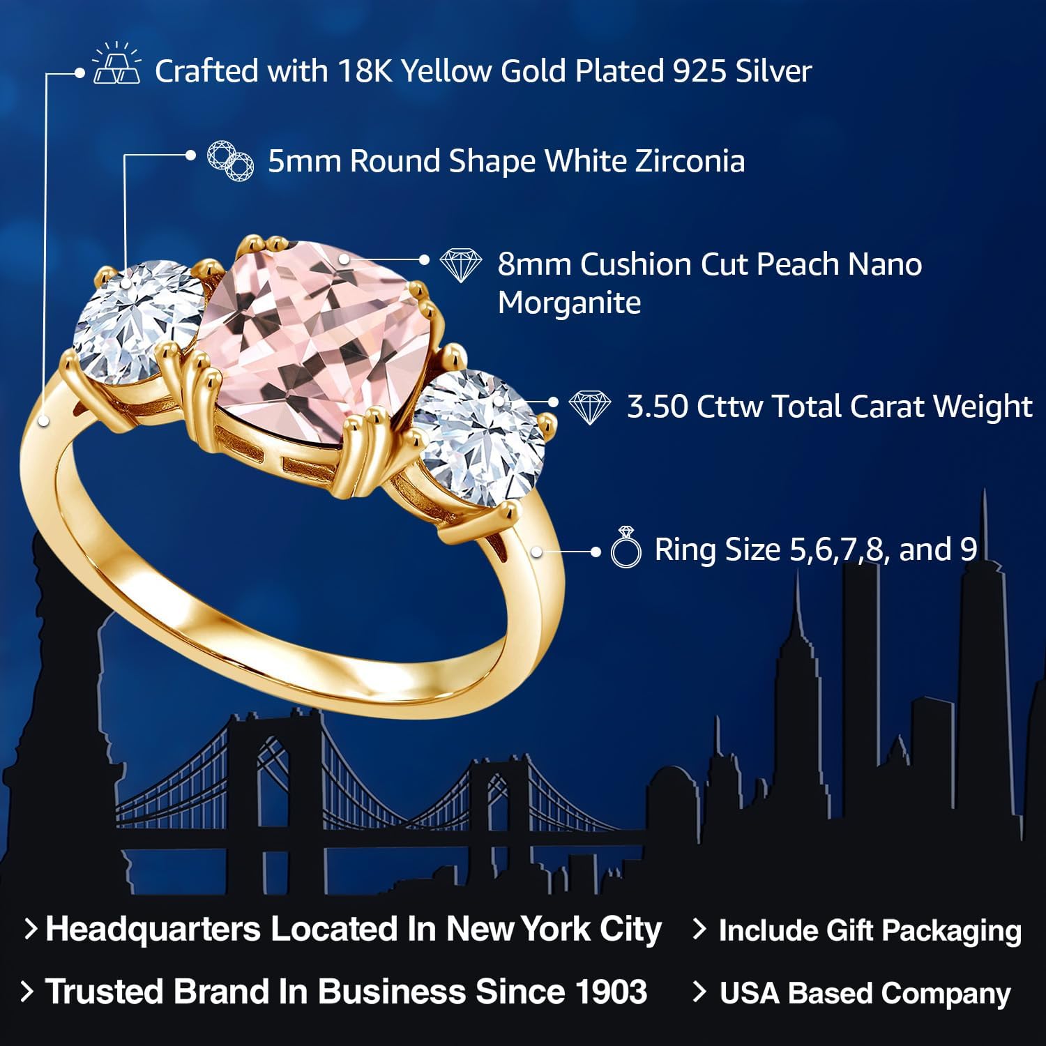 Gem Stone King 18K Yellow Gold Plated Silver Peach Nano Morganite 3 Stone Engagement Ring For Women (3.50 Cttw, Cushion 8MM)