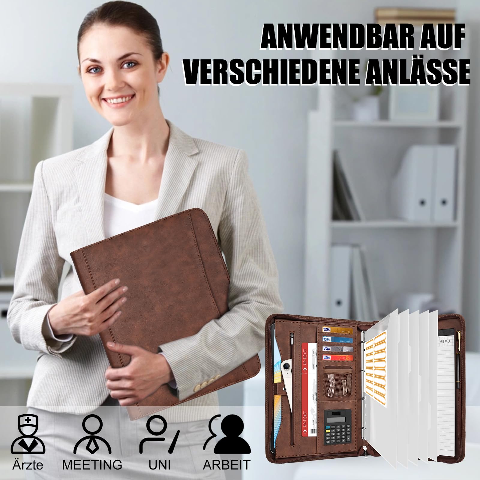 Leathario Schreibmappe A4 mit 5er Register DIN A4，Konferenzmappe mit 4 Ringbuch，Dokumentenmappe mit Reißverschluss, Klemmbrett,Blumenmuster,Ordner für Meeting, Business,Mappe für Schule, Uni