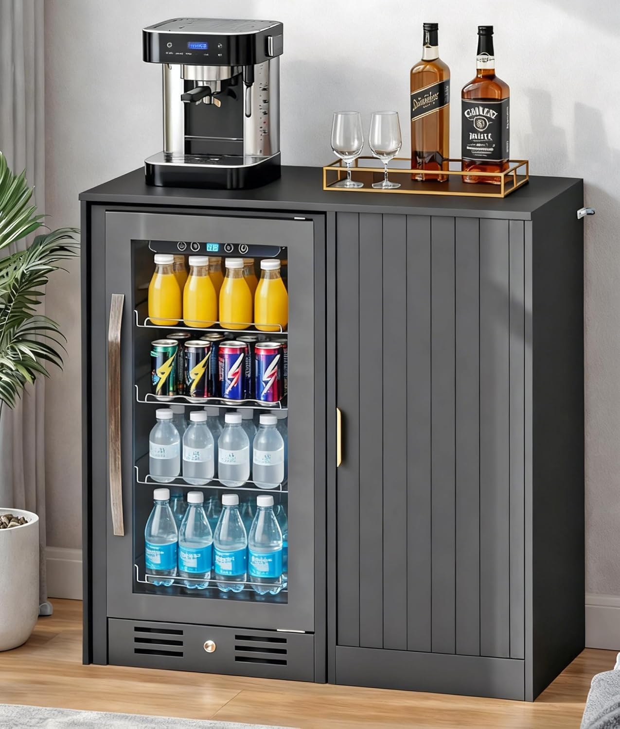 Mini Fridge Cabinet with Storage - Coffee Bar with Power Outlet, Fluted Mini Fridge Cabinet with Adjustable Shelf for Kitchen Dining Room Living Room, Black