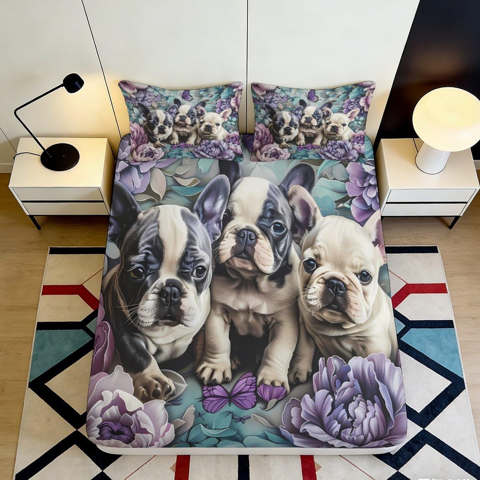 Decorative 3D Printed Fitted Sheet French Bulldog Pattern, Microfiber Soft Touch, Bed Cover for Bedroom, Guest Room, Easy Care, Apartment Bedding, 120x200cm 90x200x25cm