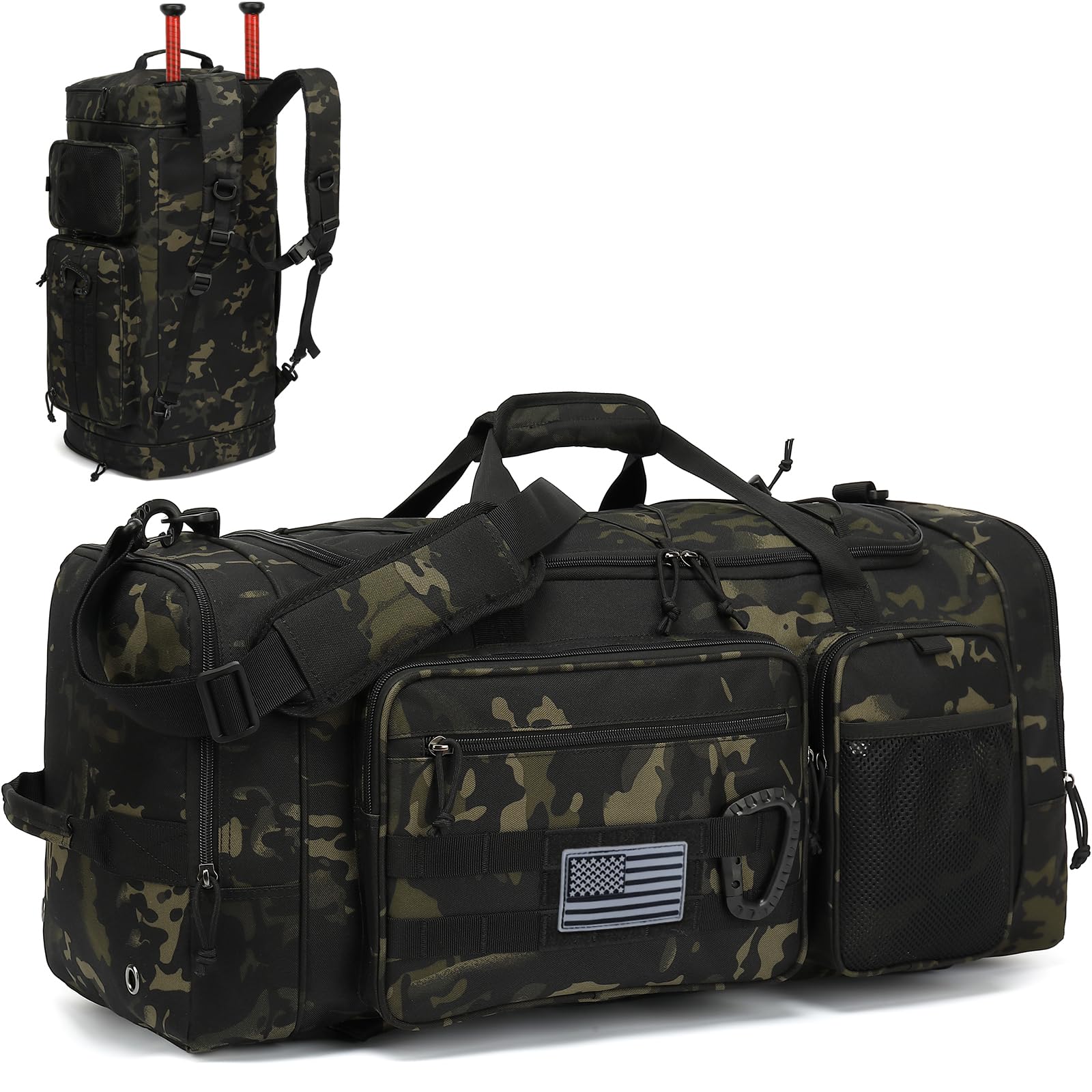 TUGUAN Large Baseball Softball Duffle Bag, 3 in 1 Baseball Equipment Duffel Backpack for Adult Youth, 65L Bat Bag with Shoes Compartment - 2 Bat Sleeves Fence Hook Hidden Dual Straps