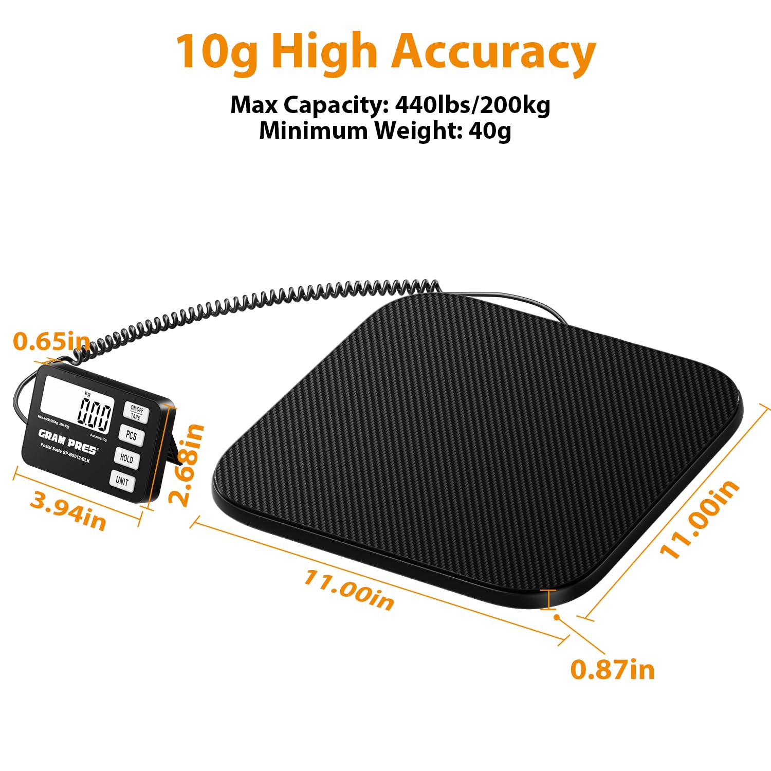 GRAM PRES Báscula de envíos digital de 200 kg/10 g con pantalla LCD, funciones de retención/tara/piezas para paquetes/equipaje/oficina de correos/perro, batería y cable USB incluidos