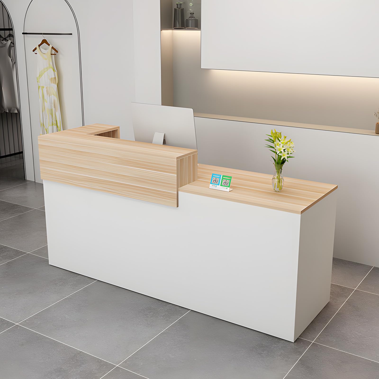 Empfangstheke modern mit Schublade und offenen Regalen, 100–240 cm, für Büro, Salon, Lobby