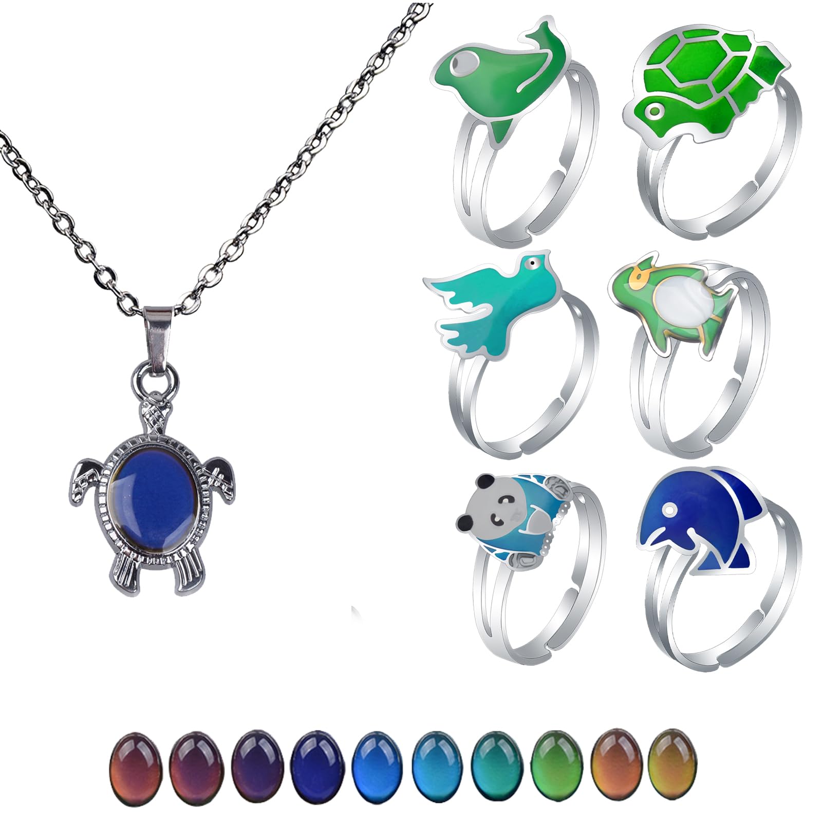 6 Pezzi Anello Cambia Colore Umore, 1 Pezzo Collana Umore Cambia Colore, Anelli D'umore che Cambiano Colore, per Bambini e Donne