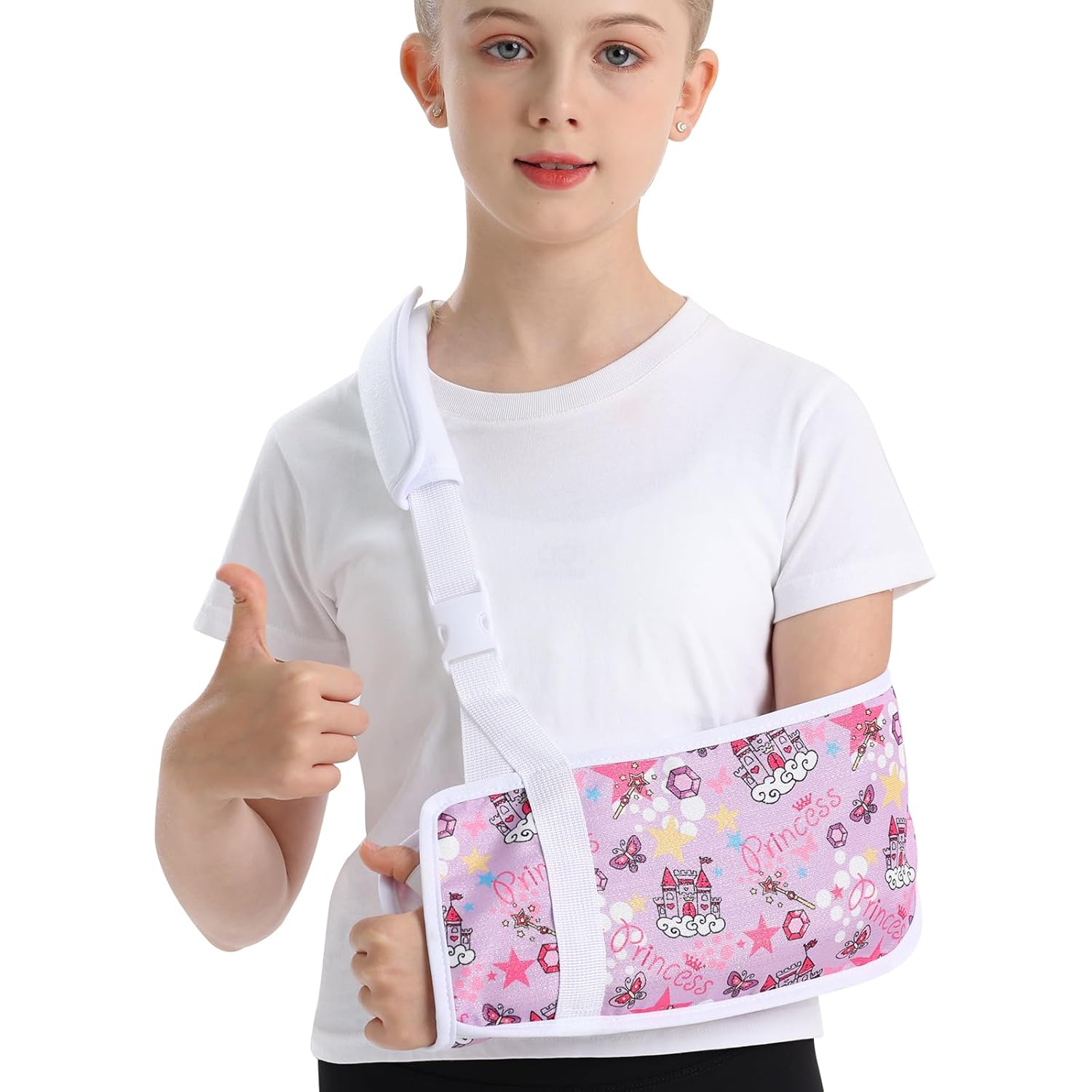 Kids Arm Sling for Broken Arm, Torn Rotator Cuff, Shoulder Elbow Wrist Injury, Printed Pediatric Brace Support (Purple Princess, Small)