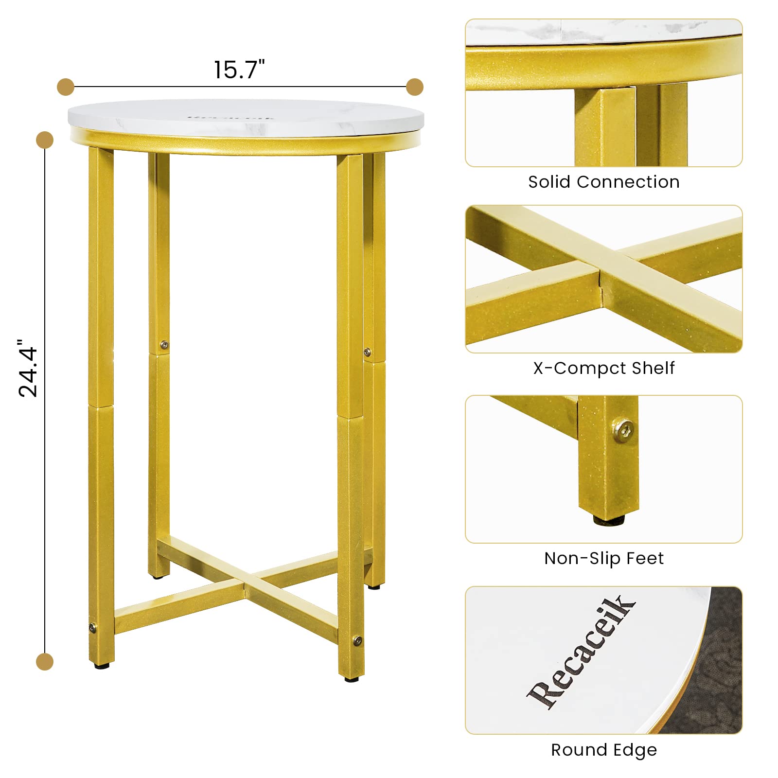 Mesa auxiliar redonda de metal, pequeña mesa auxiliar redonda de mármol sintético, mesa auxiliar moderna para sala de estar, dormitorio, balcón, oficina, 16 pulgadas de profundidad 25 6