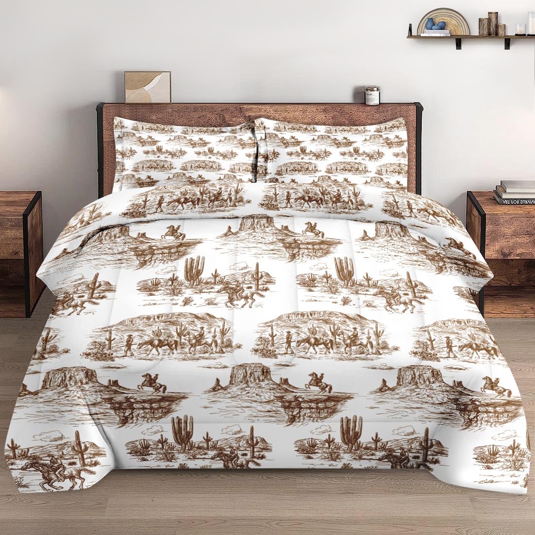 WeCozy Full Size Comforter Set with 2 Pillowcase, American Desert Cowboy Soft 3 Pcs Bedding for Kids and Adults, Western Country Vintage Comforter Set for Room Bedroom Bed Decor
