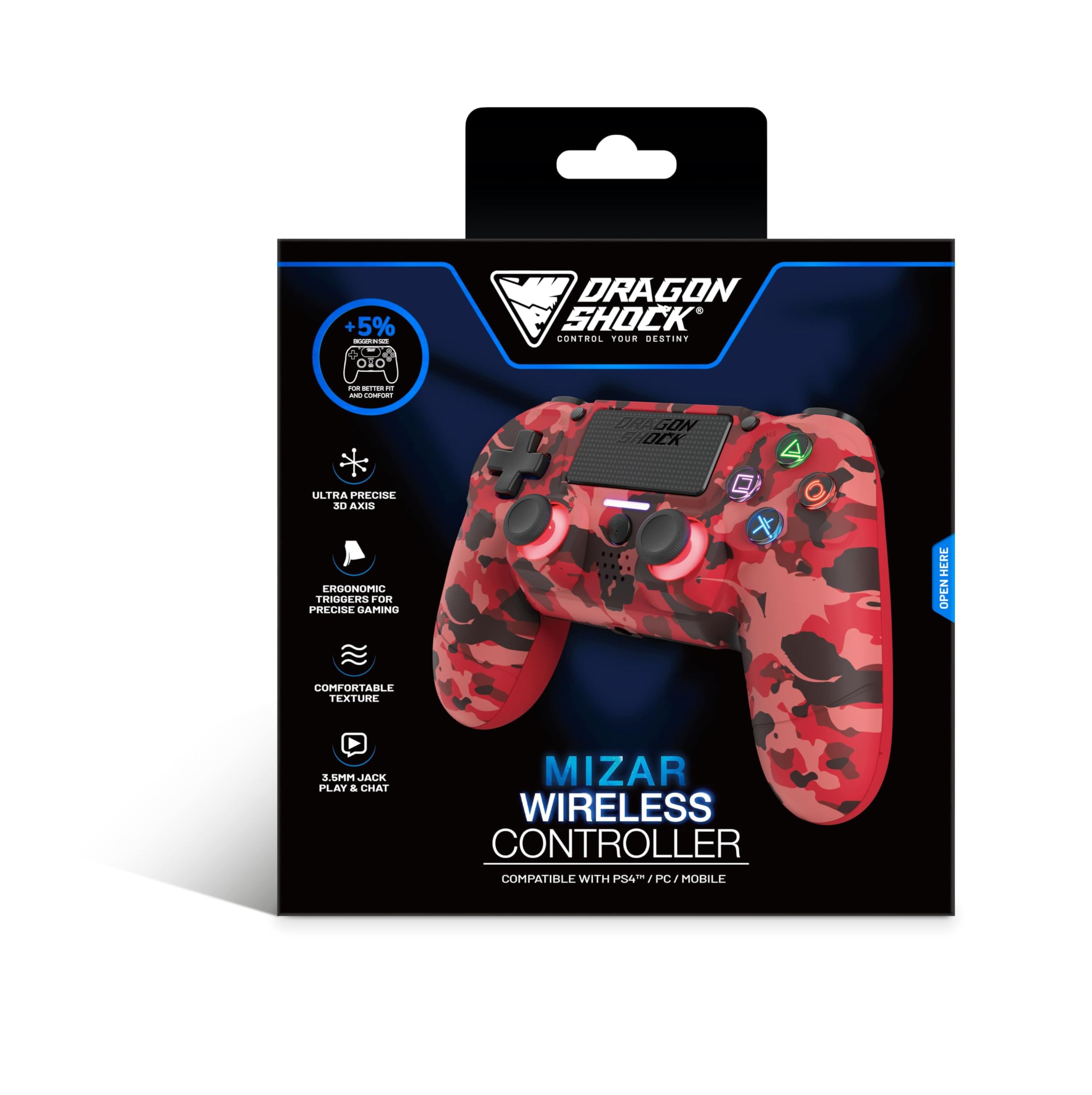 DragonShock Mizar bezprzewodowy kontroler Bluetooth do PS4, PC i telefonów komórkowych, czerwony camo